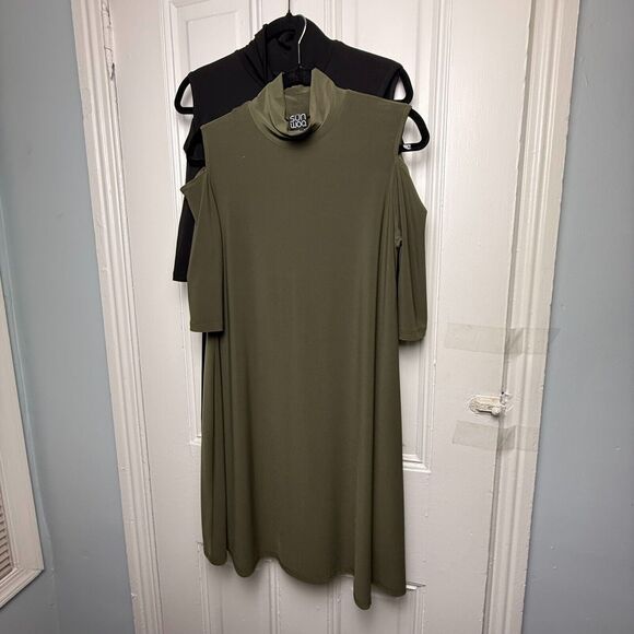 Set of 2: Clara Sun Woo Mini Dresses Womens Small Olive Green Black Mockneck - Picture 1 of 12